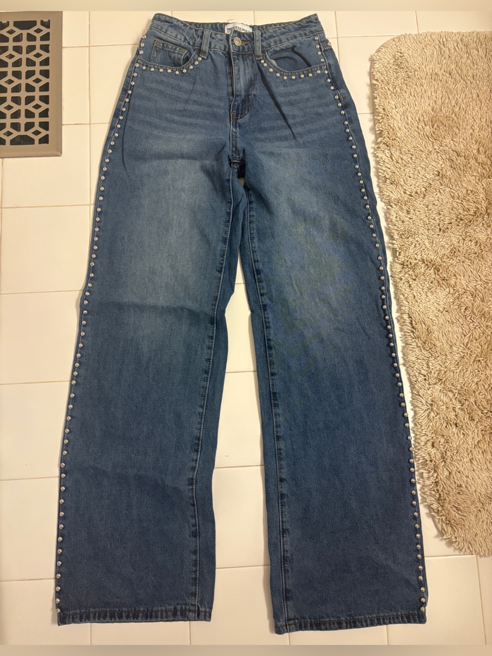 Princess Polly Dark Blue High-Rise Studded Straight Jeans